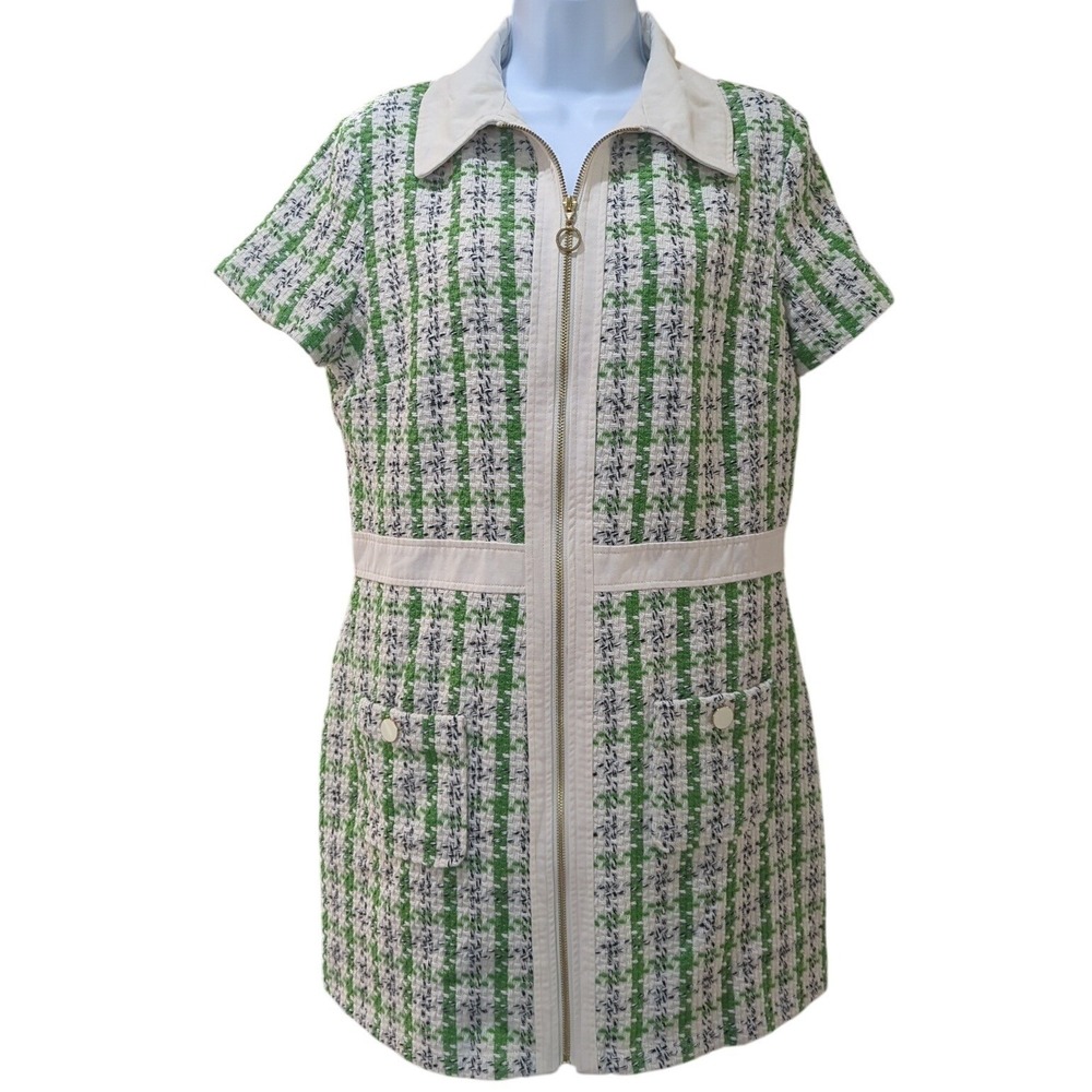 Mango MNG Tweed Mini Dress Green White Zip Front Short Sleeve Womens 10 XL